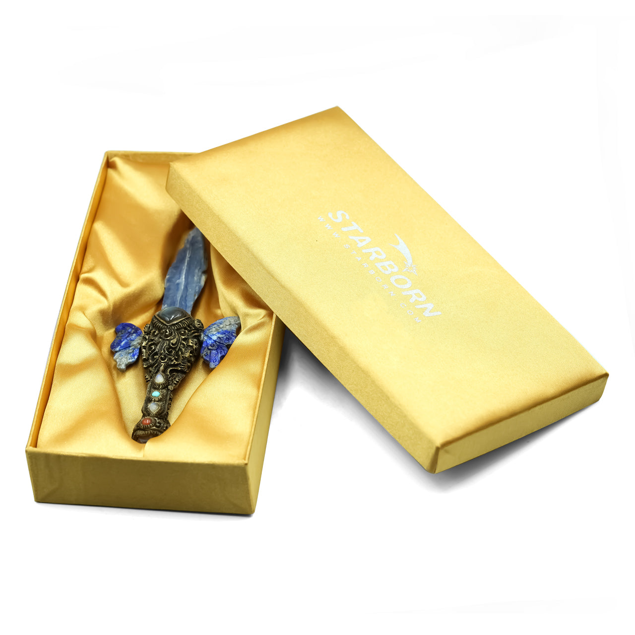 Starborn Decorative Kyanite Crystal Wand with Lapis Lazuli Wings and Carved Clay Handle