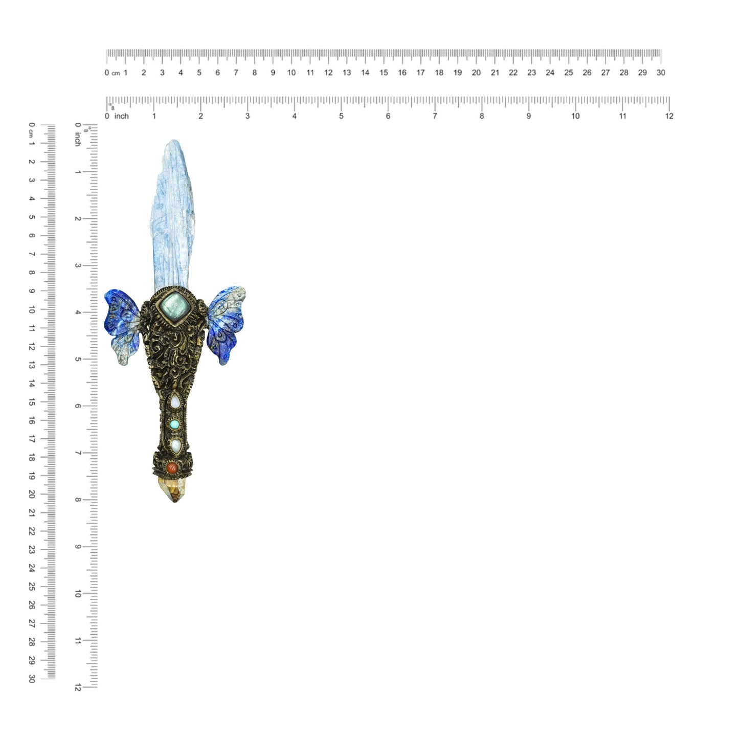 Starborn Decorative Kyanite Crystal Wand with Lapis Lazuli Wings and Carved Clay Handle