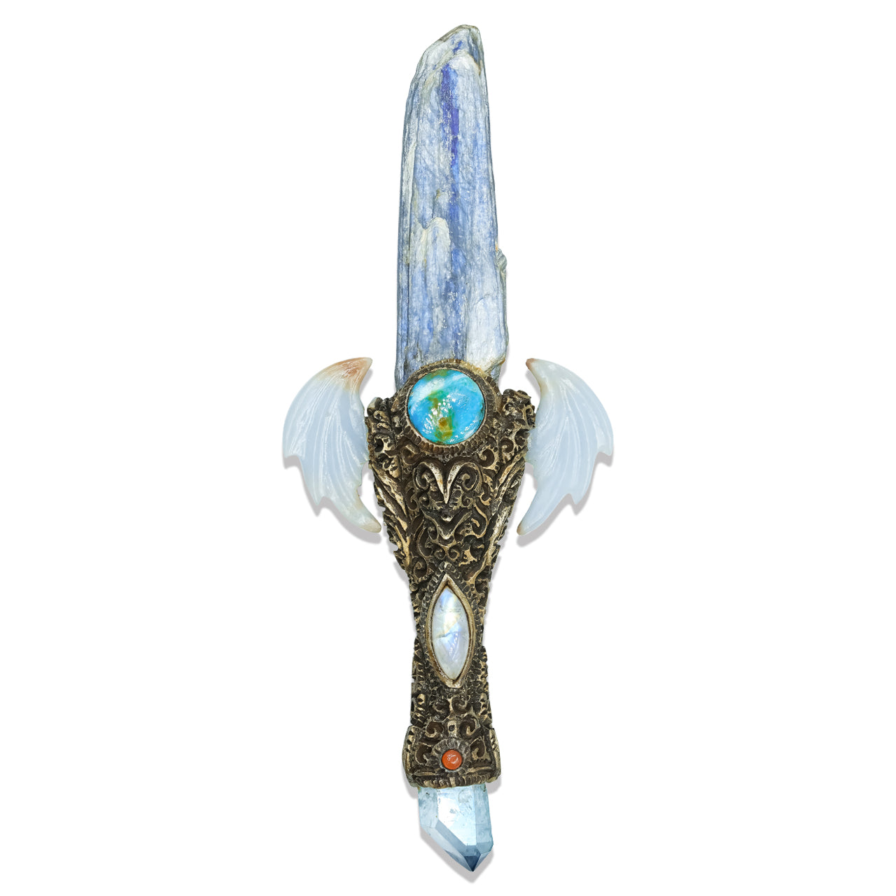Starborn Decorative Kyanite Crystal Wand with Angelite Wings and Carved Clay Handle