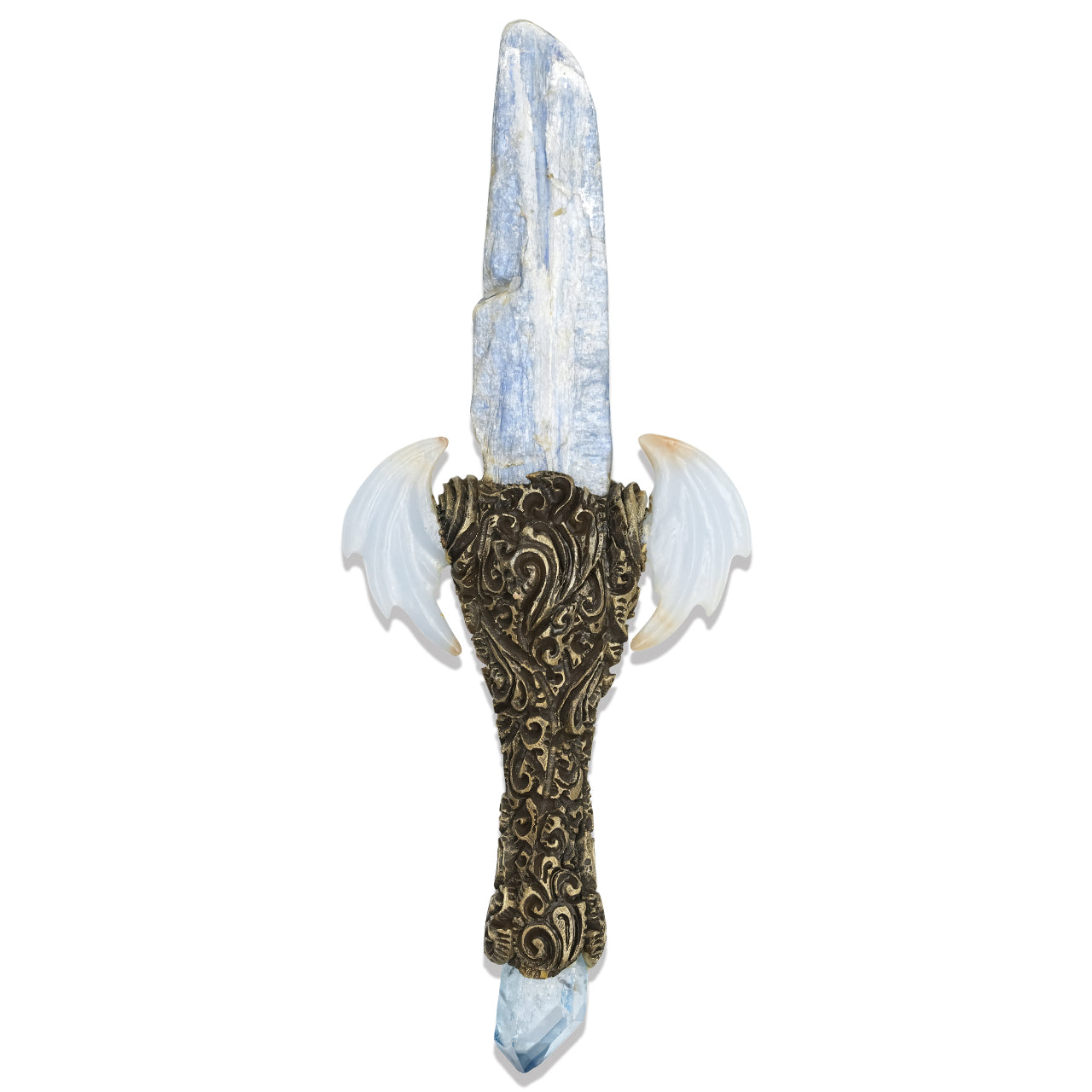 Starborn Decorative Kyanite Crystal Wand with Angelite Wings and Carved Clay Handle