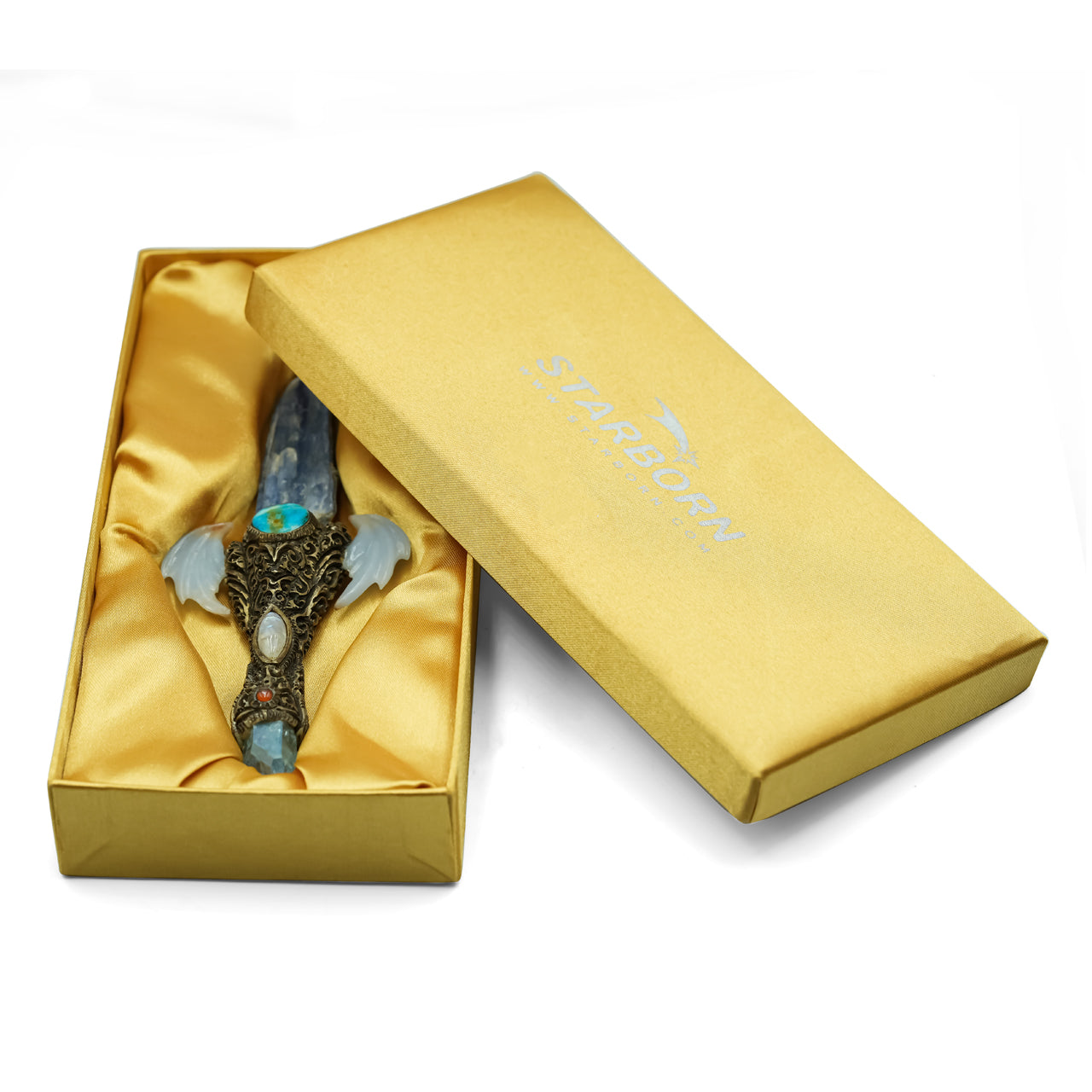 Starborn Decorative Kyanite Crystal Wand with Angelite Wings and Carved Clay Handle