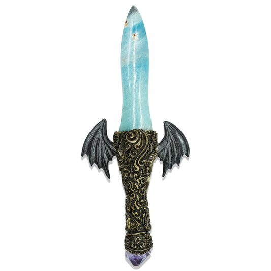 Starborn Troilite Crystal Wand with Carved Clay Handle & Fossil Palm Wood Wings