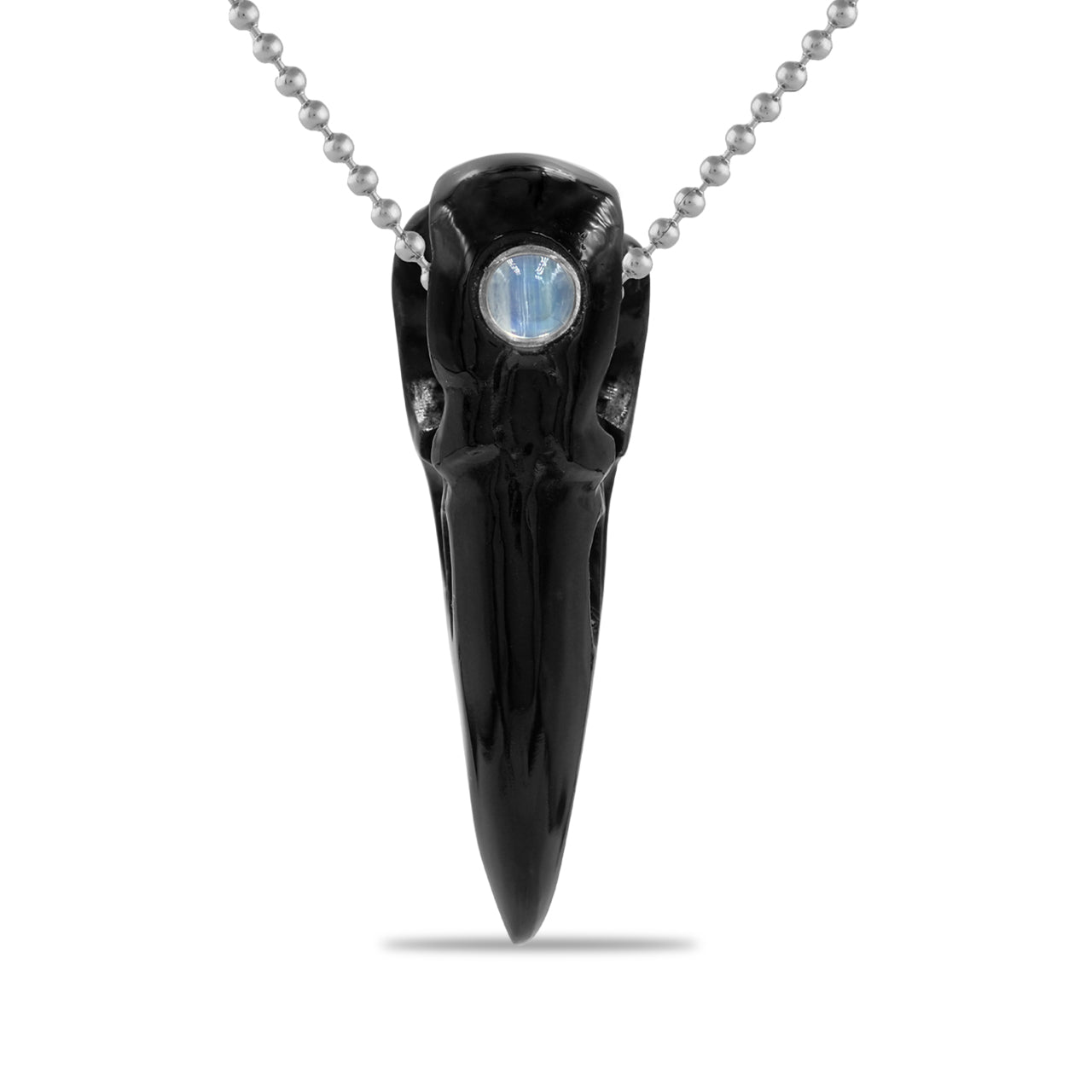 Starborn Round Cabochon Rainbow Moonstone and Rainbow Obsidian Raven Skull Pendant Necklace