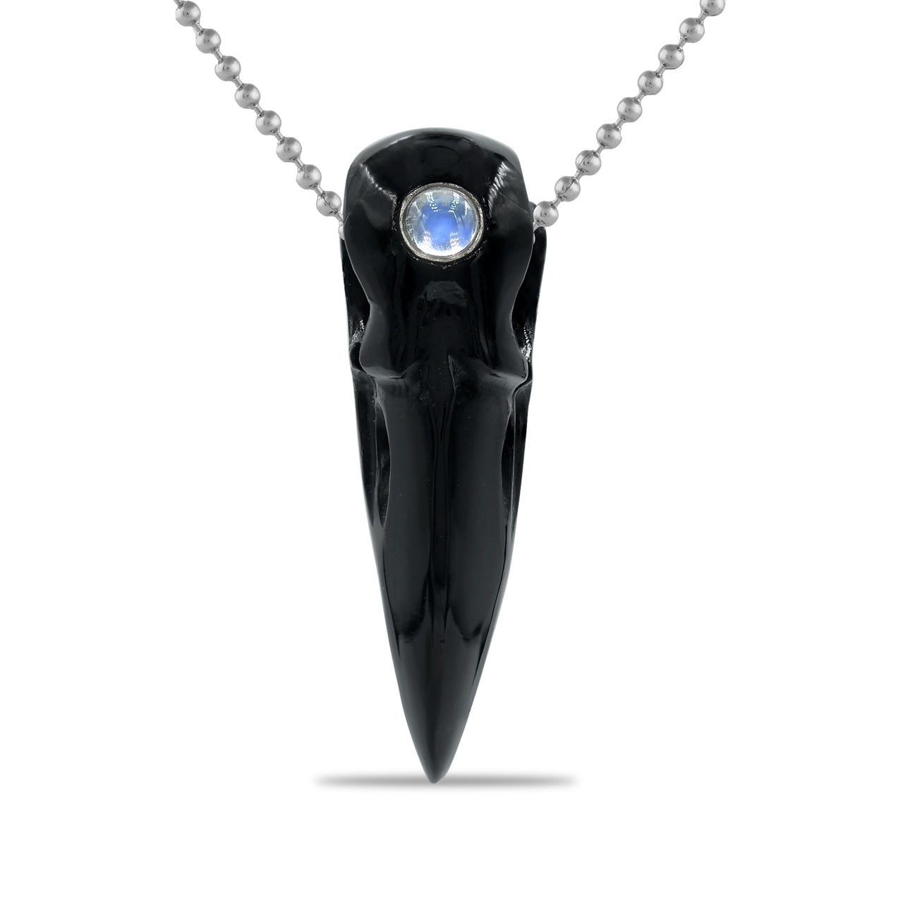 Starborn Round Cabochon Rainbow Moonstone and Rainbow Obsidian Raven Skull Pendant Necklace