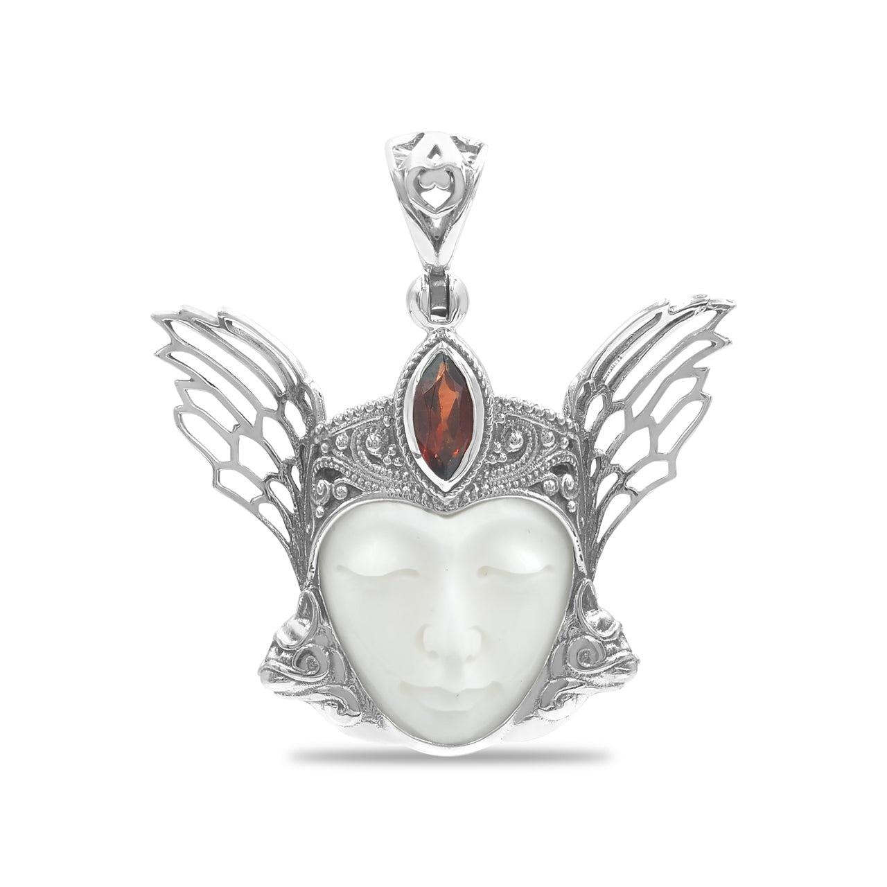 Starborn Carved Bone and Garnet Freya Mask Pendant in Sterling Silver