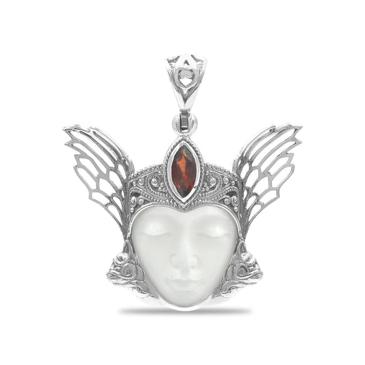 Starborn Carved Bone and Garnet Freya Mask Pendant in Sterling Silver