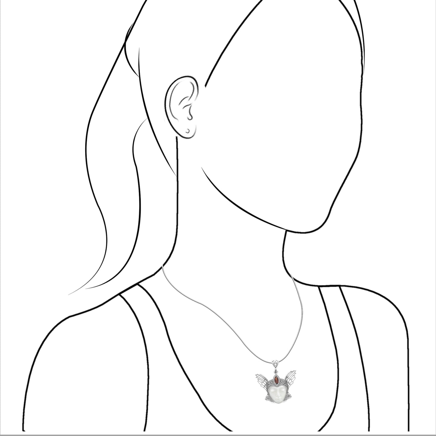 Starborn Carved Bone and Garnet Freya Mask Pendant in Sterling Silver
