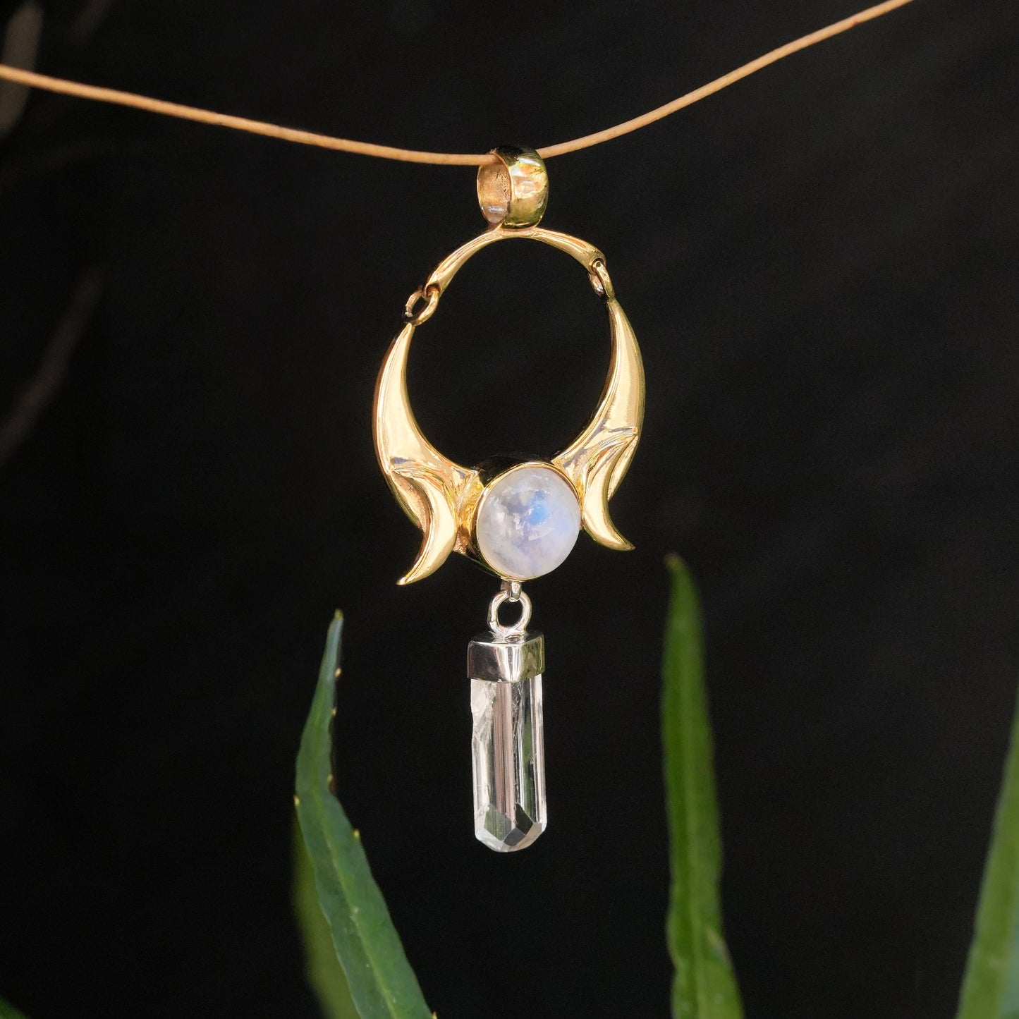 Starborn Danburite Crystal & Rainbow Moonstone Pendant in Sterling Silver