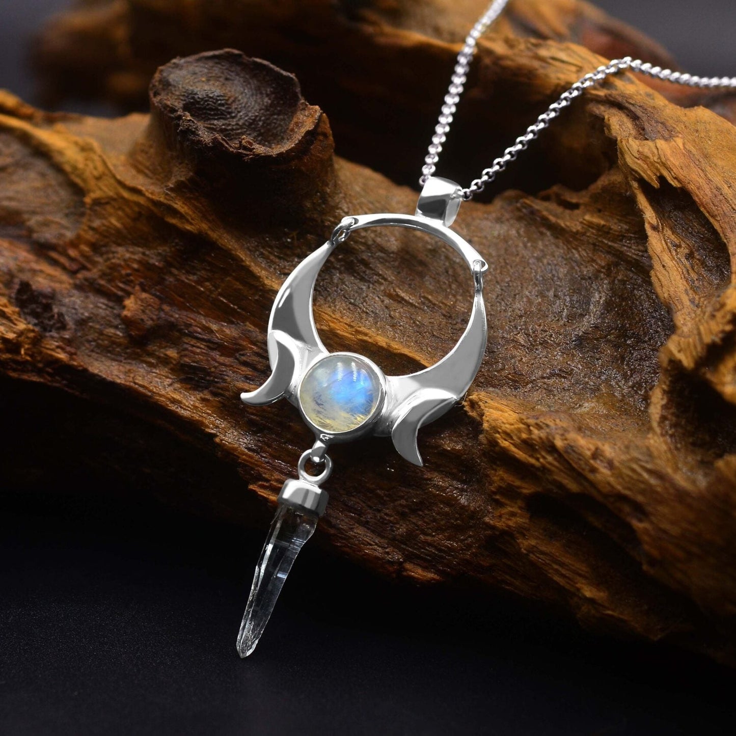 Starborn Quartz Crystal & Rainbow Moonstone Pendant in Sterling Silver