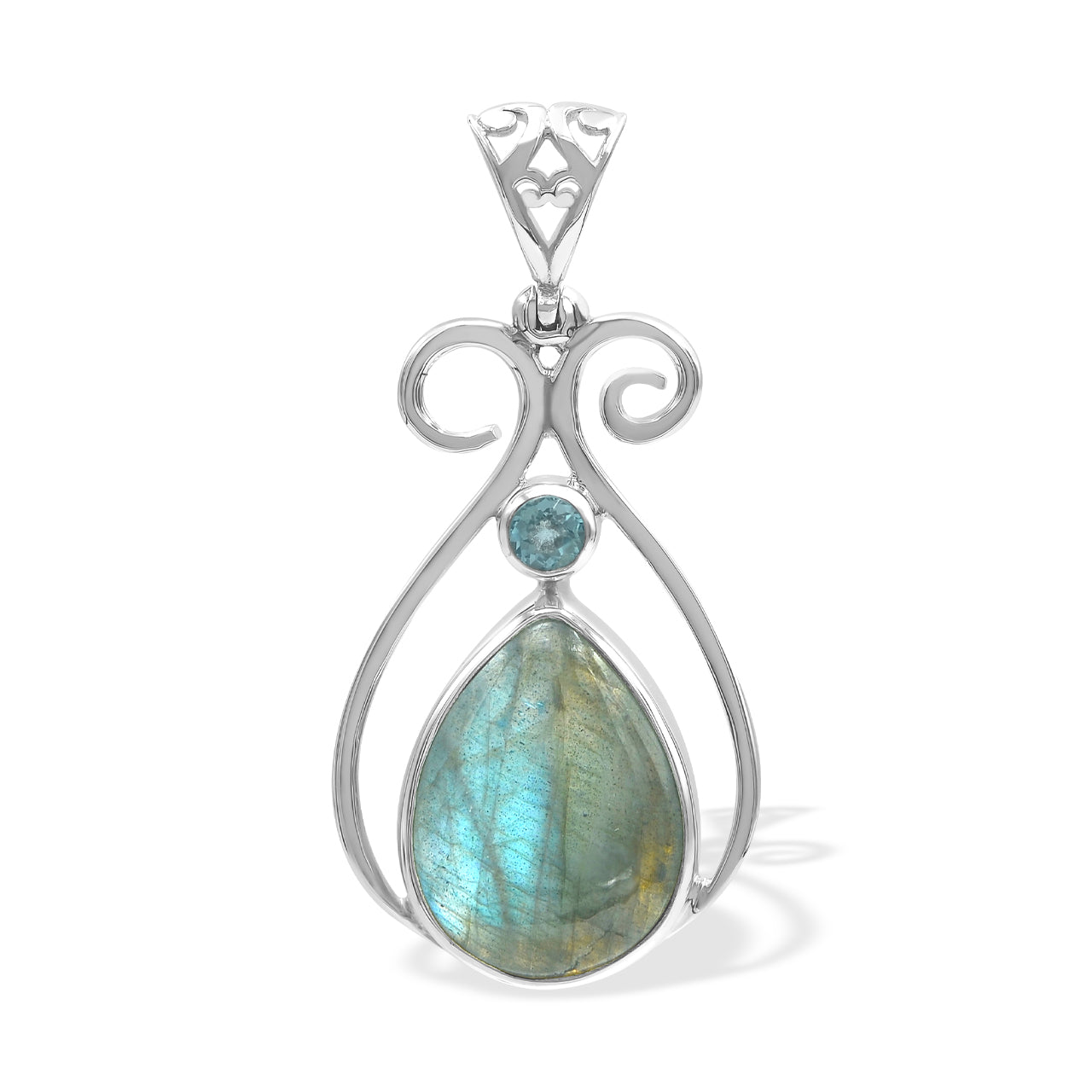 Starborn Labradorite and Faceted Blue Topaz Scrollwork Pendant in Sterling Silver