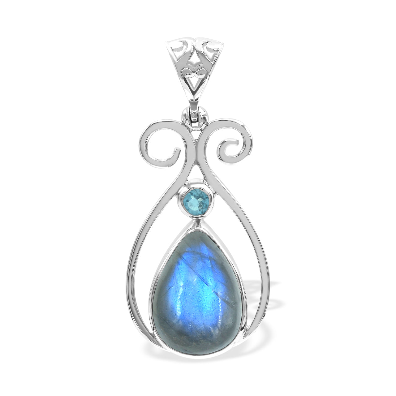 Starborn Labradorite and Faceted Blue Topaz Scrollwork Pendant in Sterling Silver