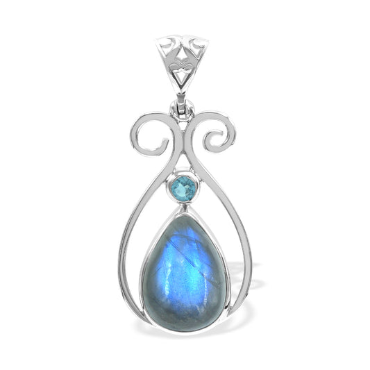 Starborn Labradorite and Faceted Blue Topaz Scrollwork Pendant in Sterling Silver