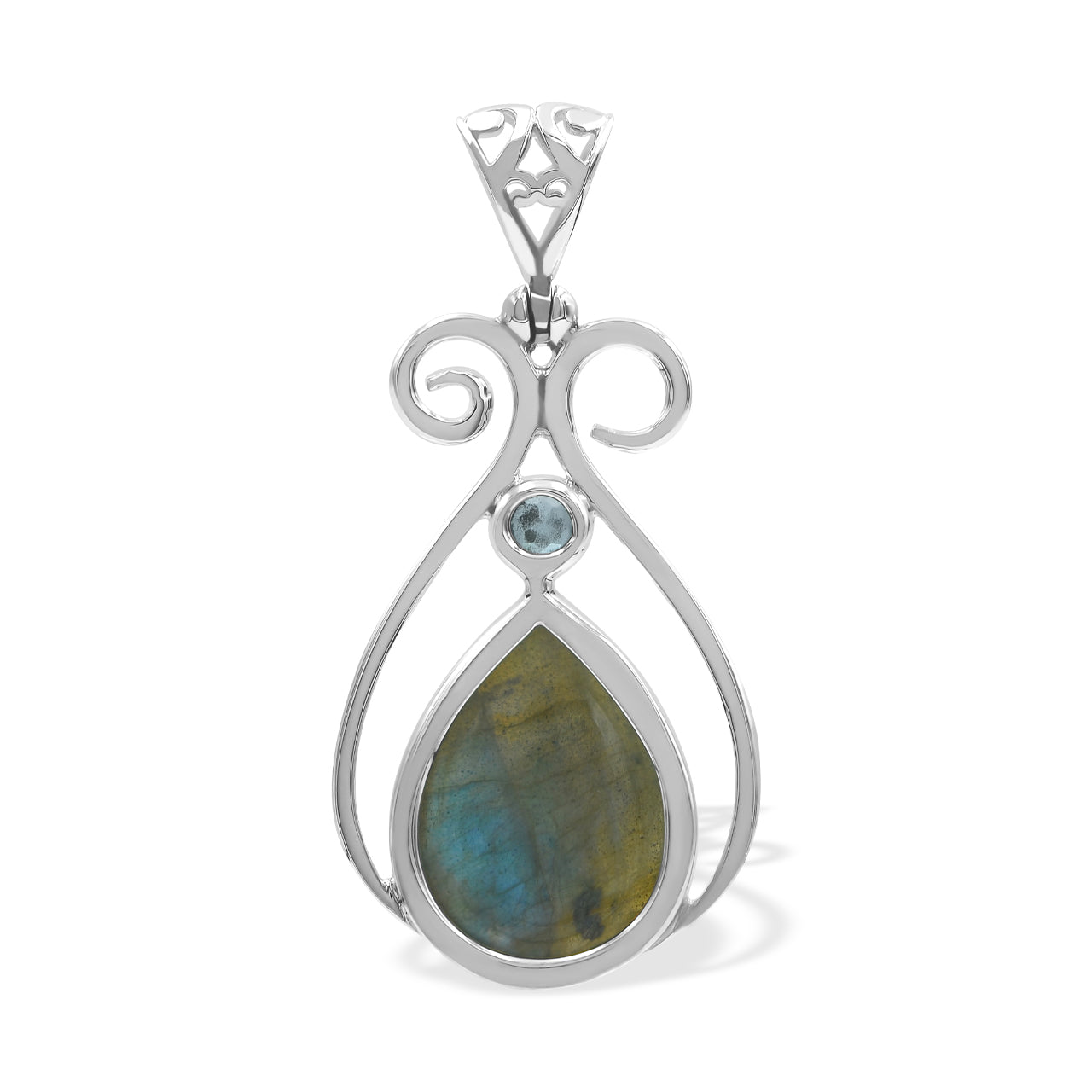 Starborn Labradorite and Faceted Blue Topaz Scrollwork Pendant in Sterling Silver