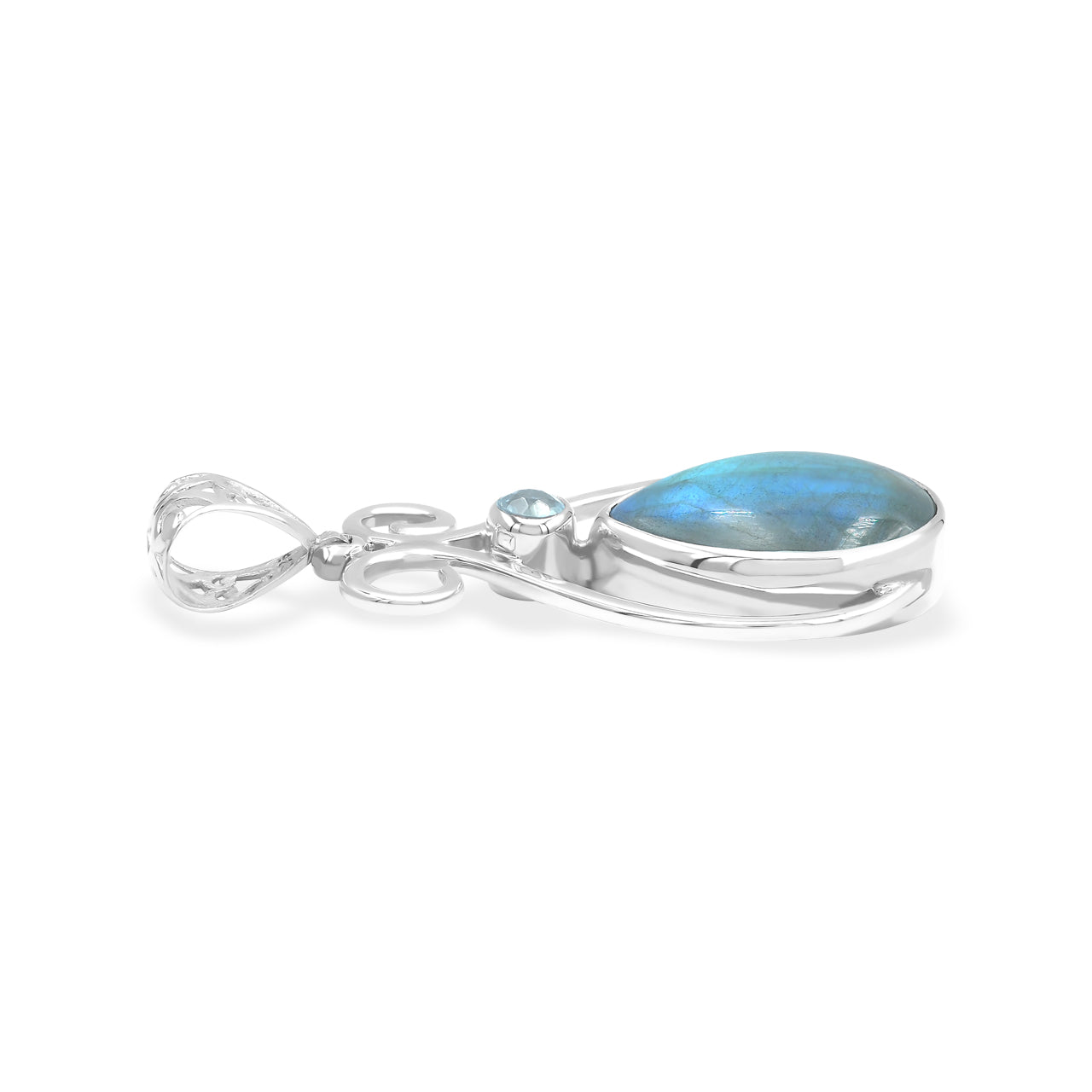 Starborn Labradorite and Faceted Blue Topaz Scrollwork Pendant in Sterling Silver