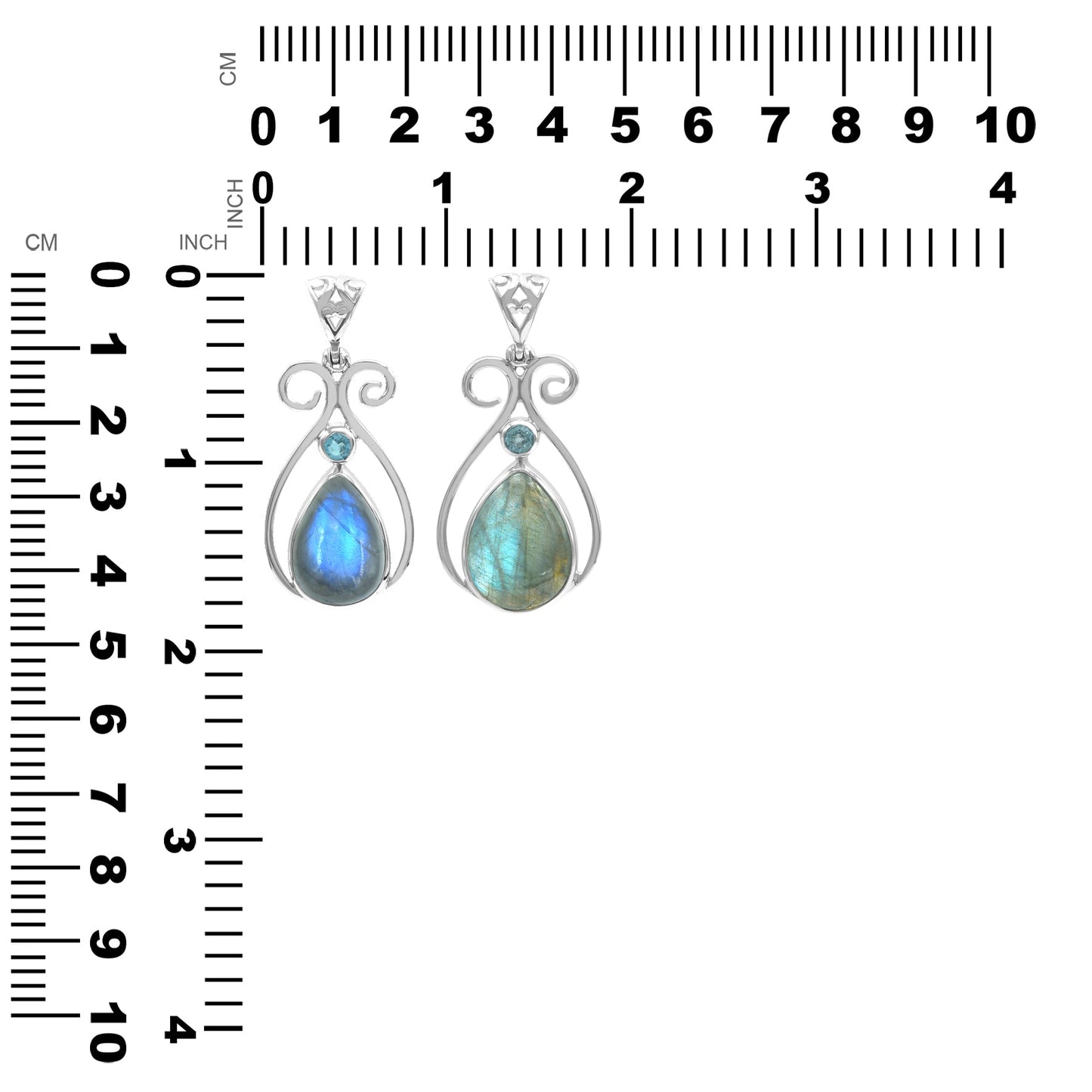 Starborn Labradorite and Faceted Blue Topaz Scrollwork Pendant in Sterling Silver