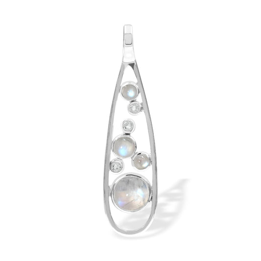 Starborn Rainbow Moonstone & White Topaz Teardrop Elongated Frame Pendant in Sterling Silver