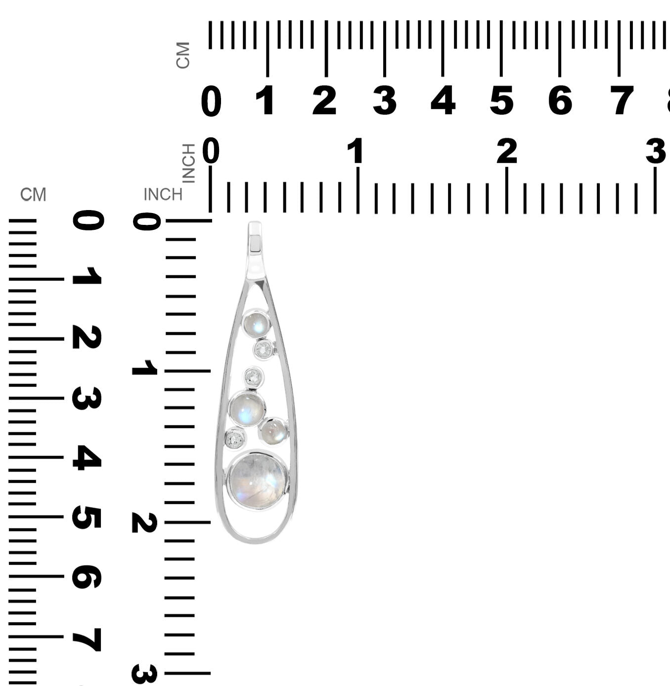 Starborn Rainbow Moonstone & White Topaz Teardrop Elongated Frame Pendant in Sterling Silver