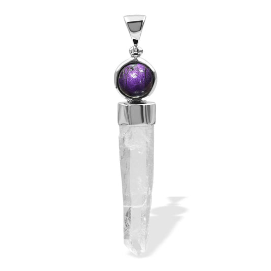 Starborn Quartz Crystal and Sphere Purpurite Pendant in Sterling Silver