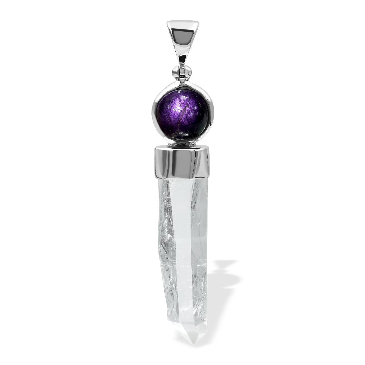 Starborn Quartz Crystal and Sphere Purpurite Pendant in Sterling Silver