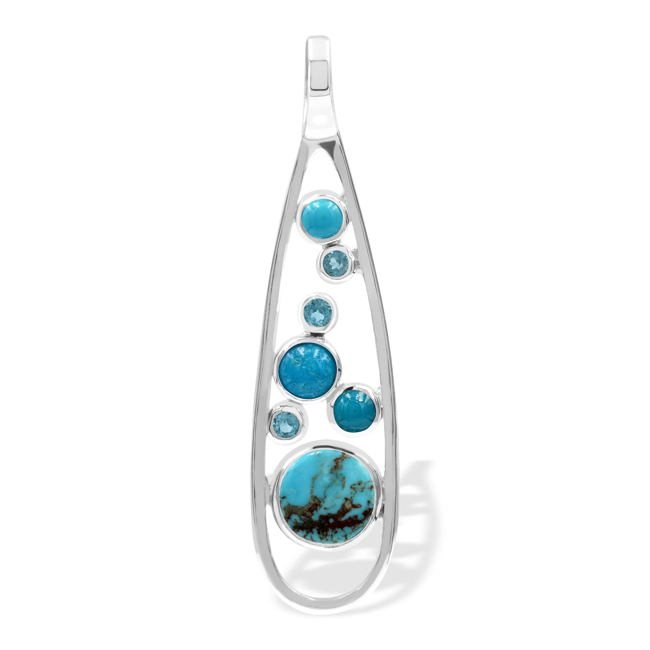 Starborn Mixed Turquoise and Faceted Blue Topaz Teardrop Elongated Frame Pendant in Sterling Silver