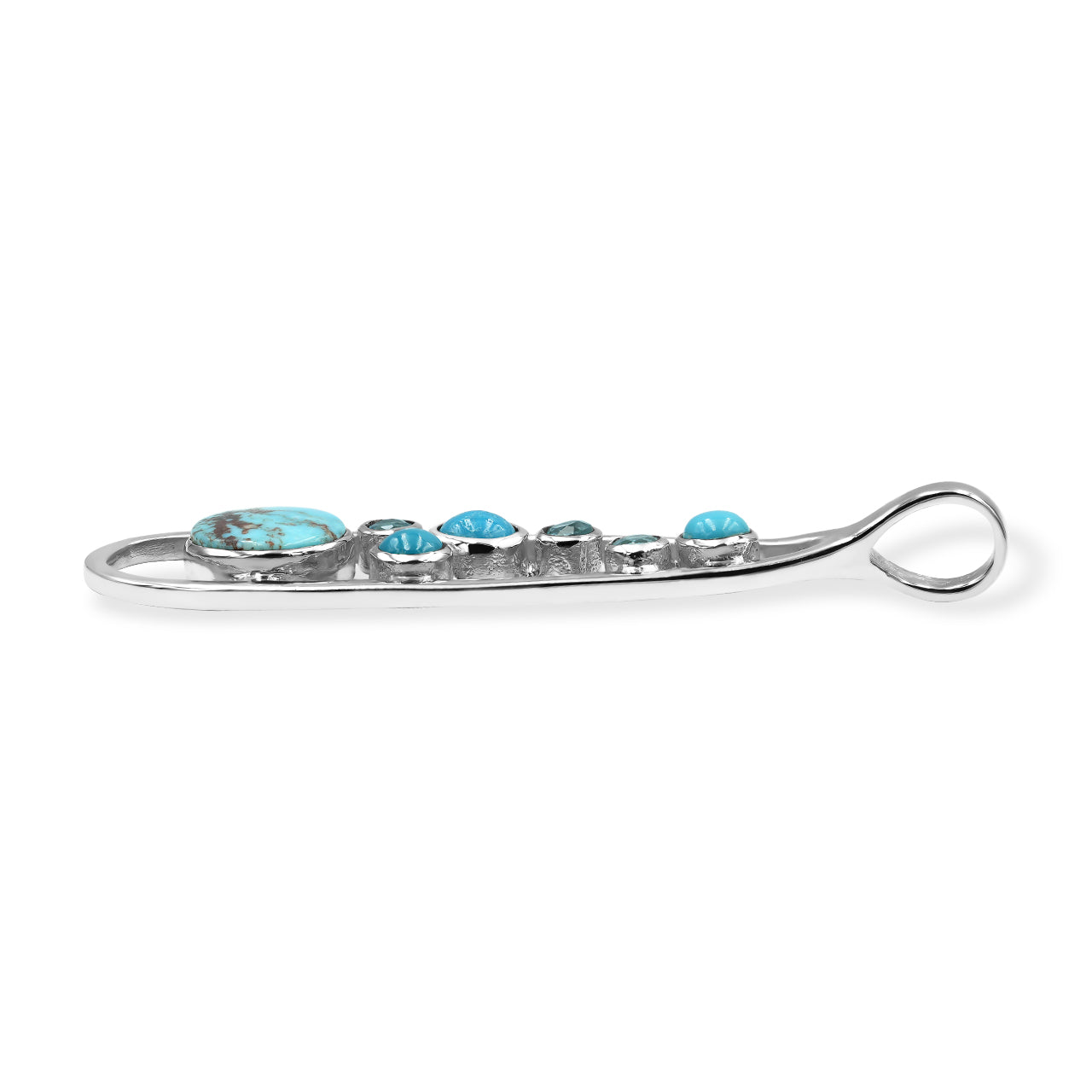 Starborn Mixed Turquoise and Faceted Blue Topaz Teardrop Elongated Frame Pendant in Sterling Silver