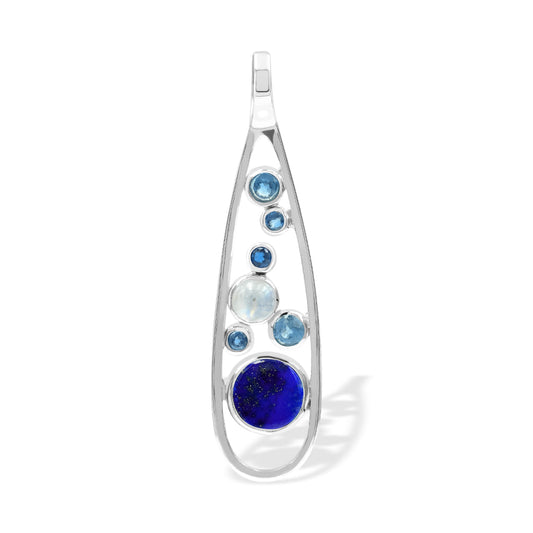 Starborn Mixed Lapis Lazuli, Kyanite & Rainbow Moonstone Teardrop Elongated Frame Pendant in Sterling Silver