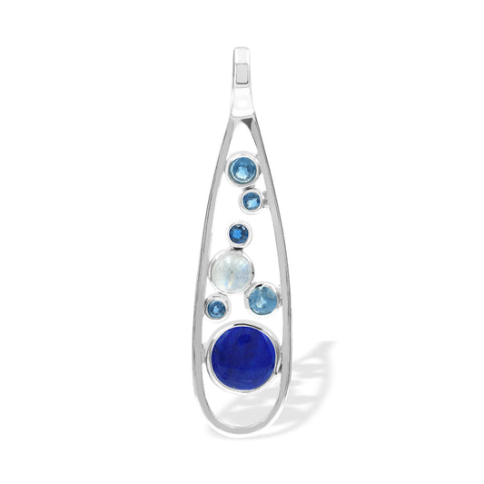 Starborn Mixed Lapis Lazuli, Kyanite & Rainbow Moonstone Teardrop Elongated Frame Pendant in Sterling Silver