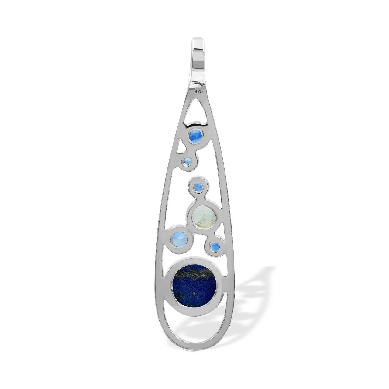 Starborn Mixed Lapis Lazuli, Kyanite & Rainbow Moonstone Teardrop Elongated Frame Pendant in Sterling Silver