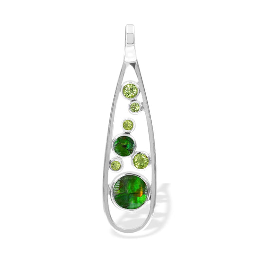 Starborn Mixed Green Ammolite and Peridot Teardrop Elongated Frame Pendant in Sterling Silver