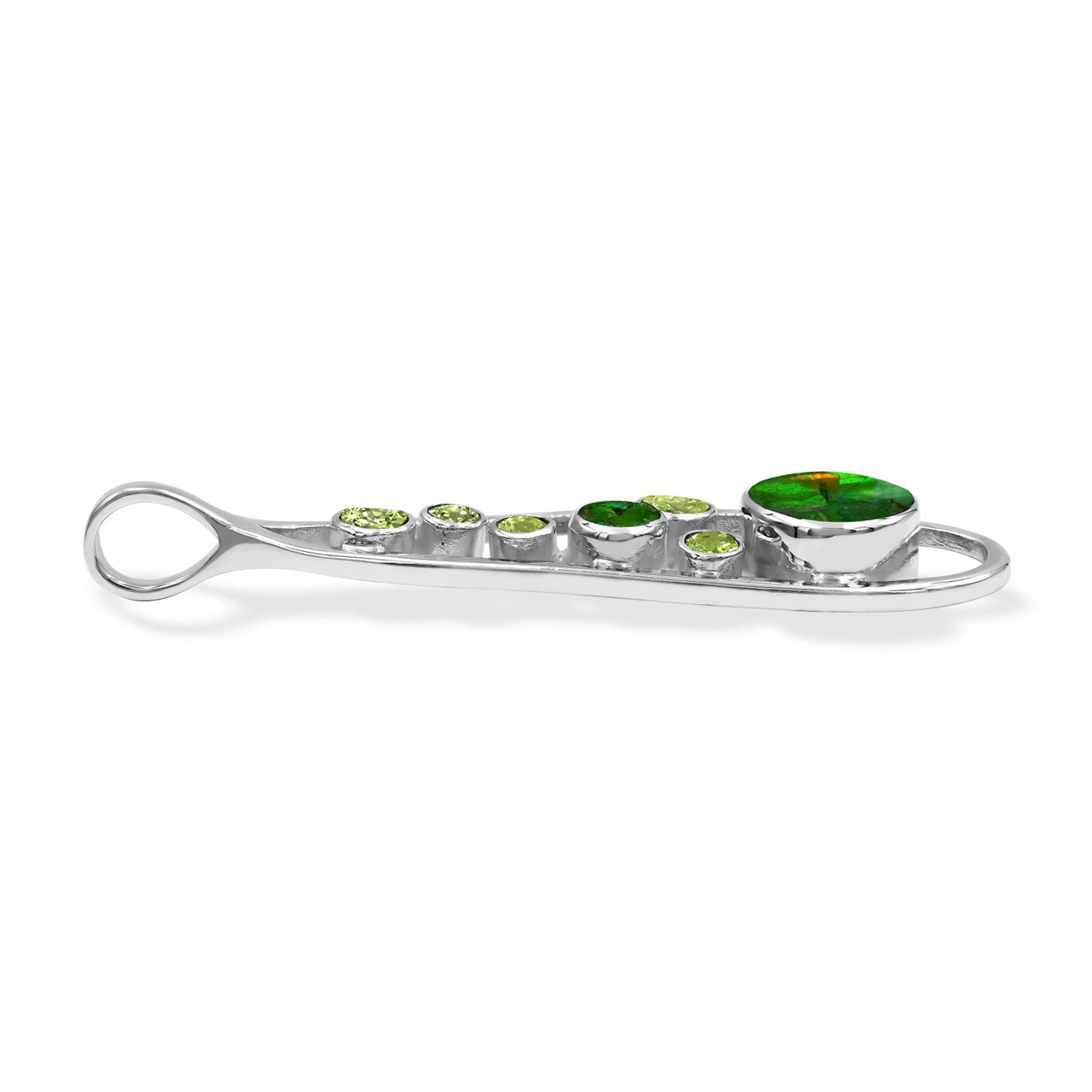 Starborn Mixed Green Ammolite and Peridot Teardrop Elongated Frame Pendant in Sterling Silver
