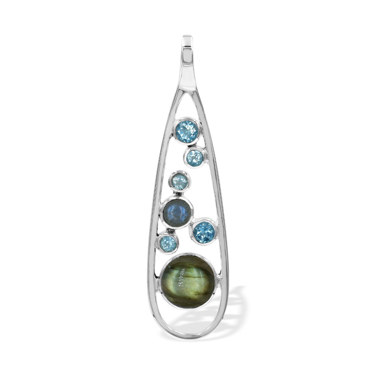 Starborn Mixed Labradorite and Blue Topaz Teardrop Elongated Frame Pendant in Sterling Silver