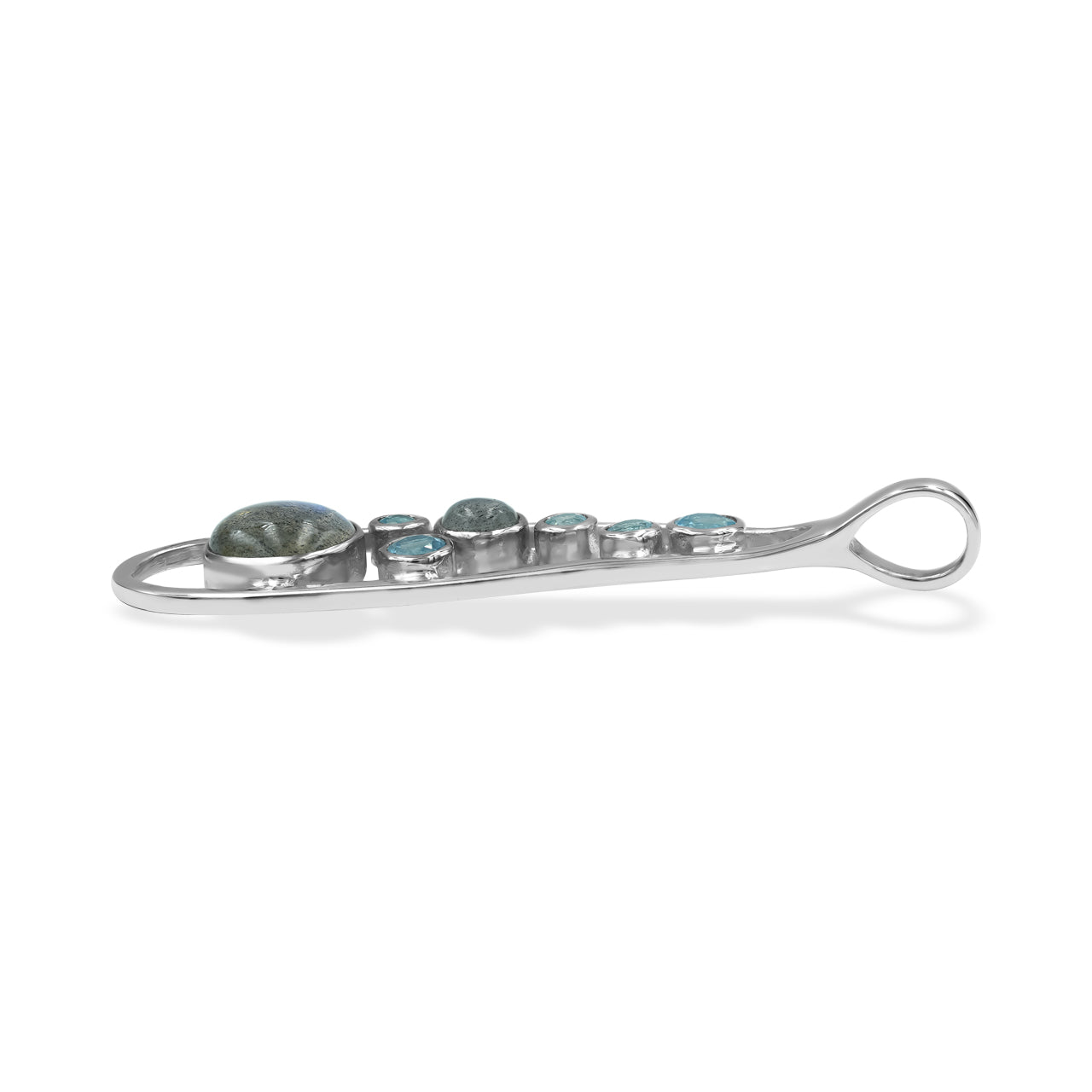 Starborn Mixed Labradorite and Blue Topaz Teardrop Elongated Frame Pendant in Sterling Silver