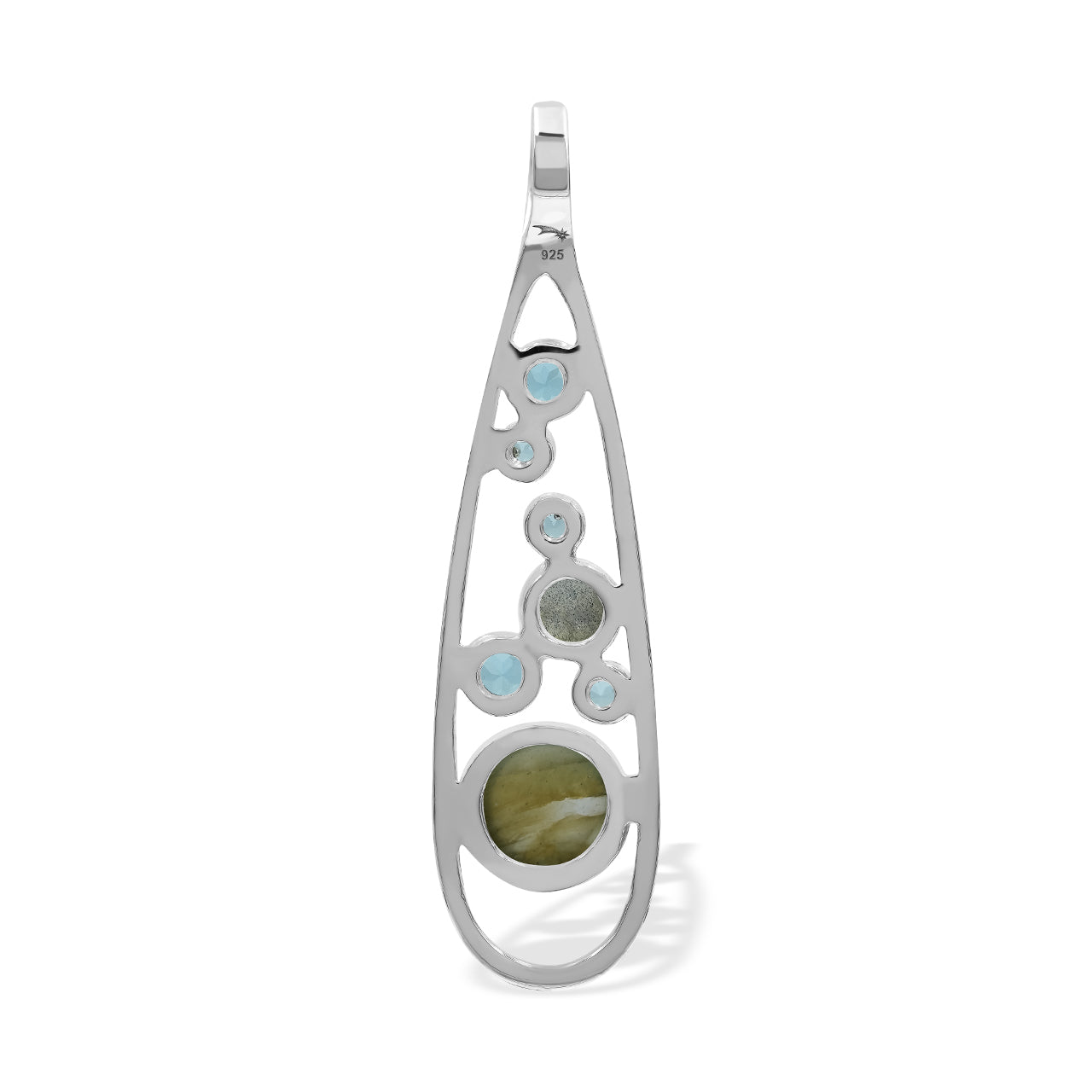 Starborn Mixed Labradorite and Blue Topaz Teardrop Elongated Frame Pendant in Sterling Silver