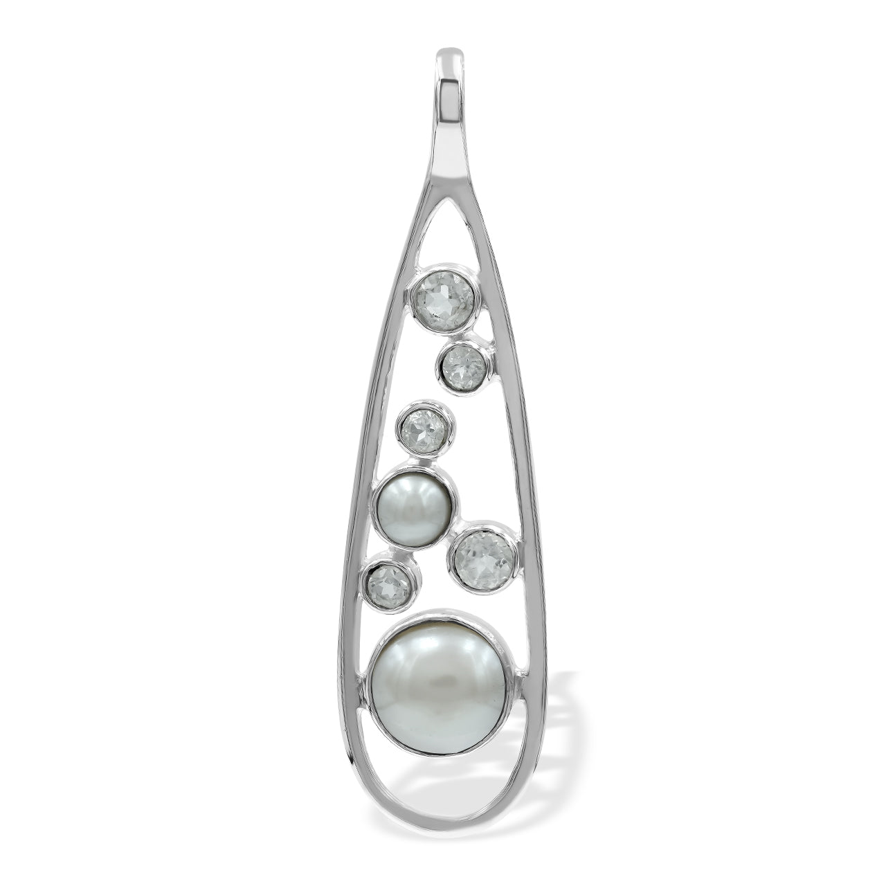 Starborn Mixed Freshwater Pearl and Faceted White Topaz Teardrop Elongated Frame Pendant in Sterling Silver