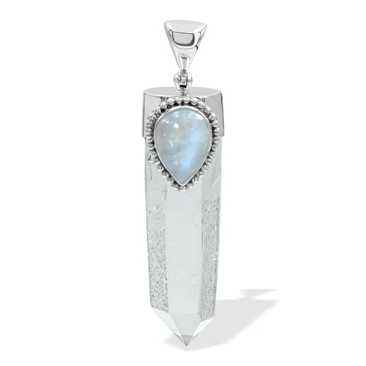 Starborn Quartz Crystal and Rainbow Moonstone Pendant in Sterling Silver