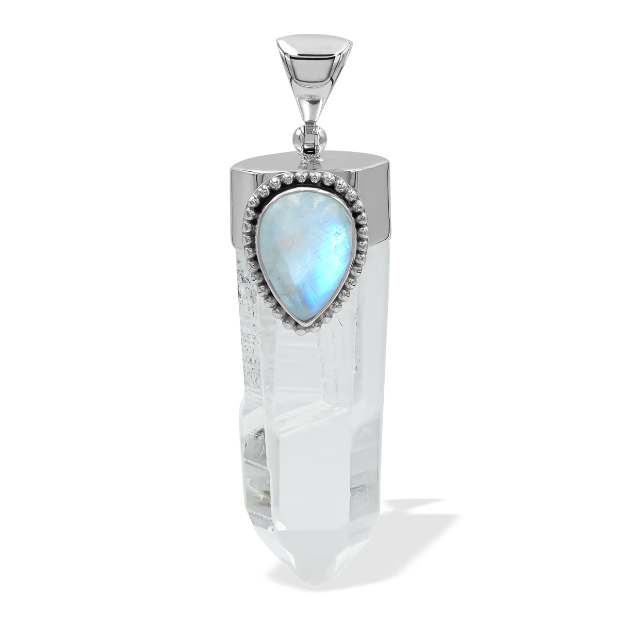 Starborn Quartz Crystal and Rainbow Moonstone Pendant in Sterling Silver