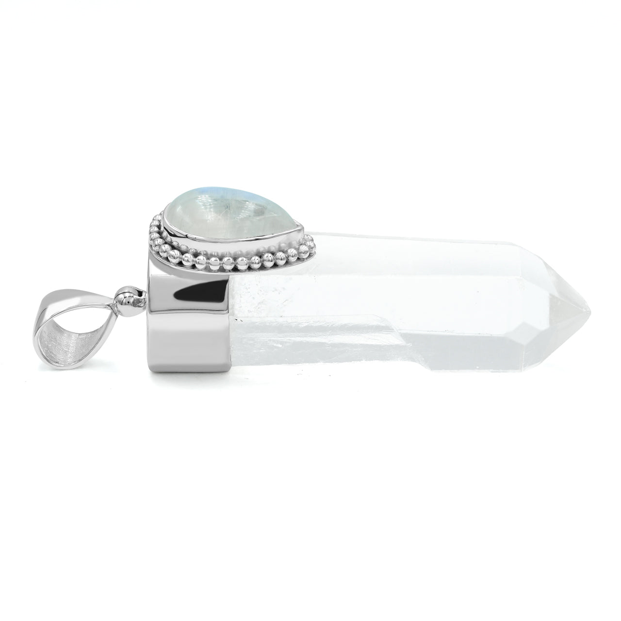 Starborn Quartz Crystal and Rainbow Moonstone Pendant in Sterling Silver