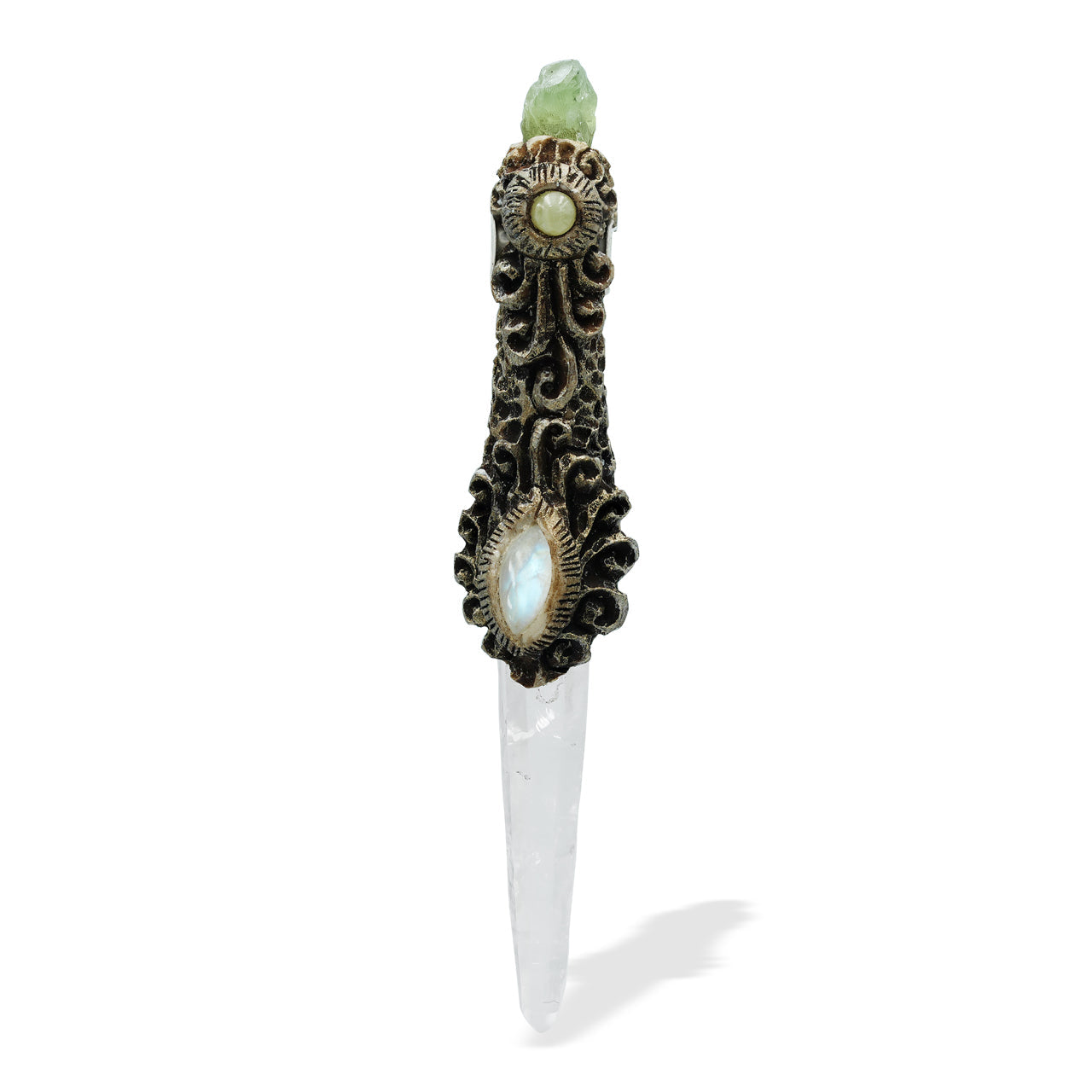 Starborn Quartz Crystal Wand Pendant with Rainbow Moonstone and Rough Peridot