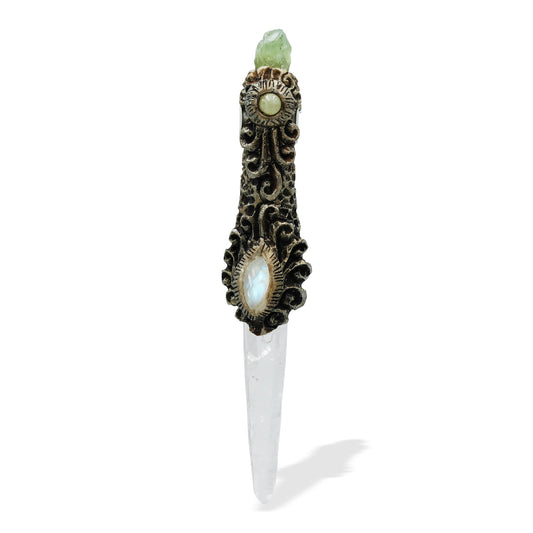 Starborn Quartz Crystal Wand Pendant with Rainbow Moonstone and Rough Peridot