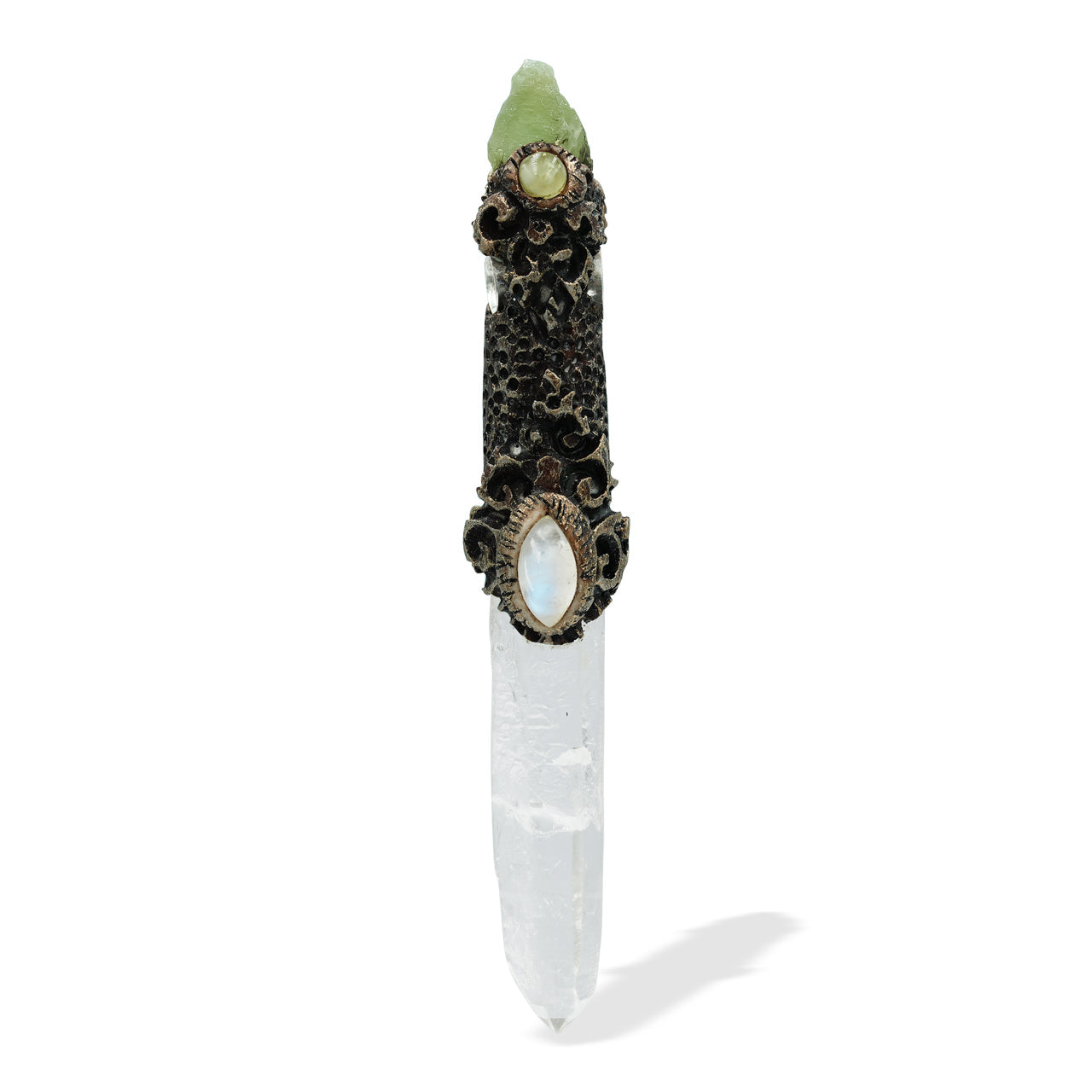 Starborn Quartz Crystal Wand Pendant with Rainbow Moonstone and Rough Peridot