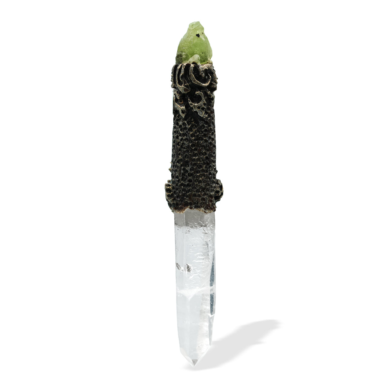 Starborn Quartz Crystal Wand Pendant with Rainbow Moonstone and Rough Peridot