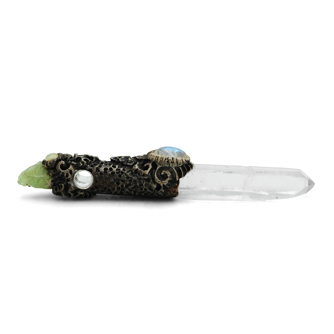 Starborn Quartz Crystal Wand Pendant with Rainbow Moonstone and Rough Peridot