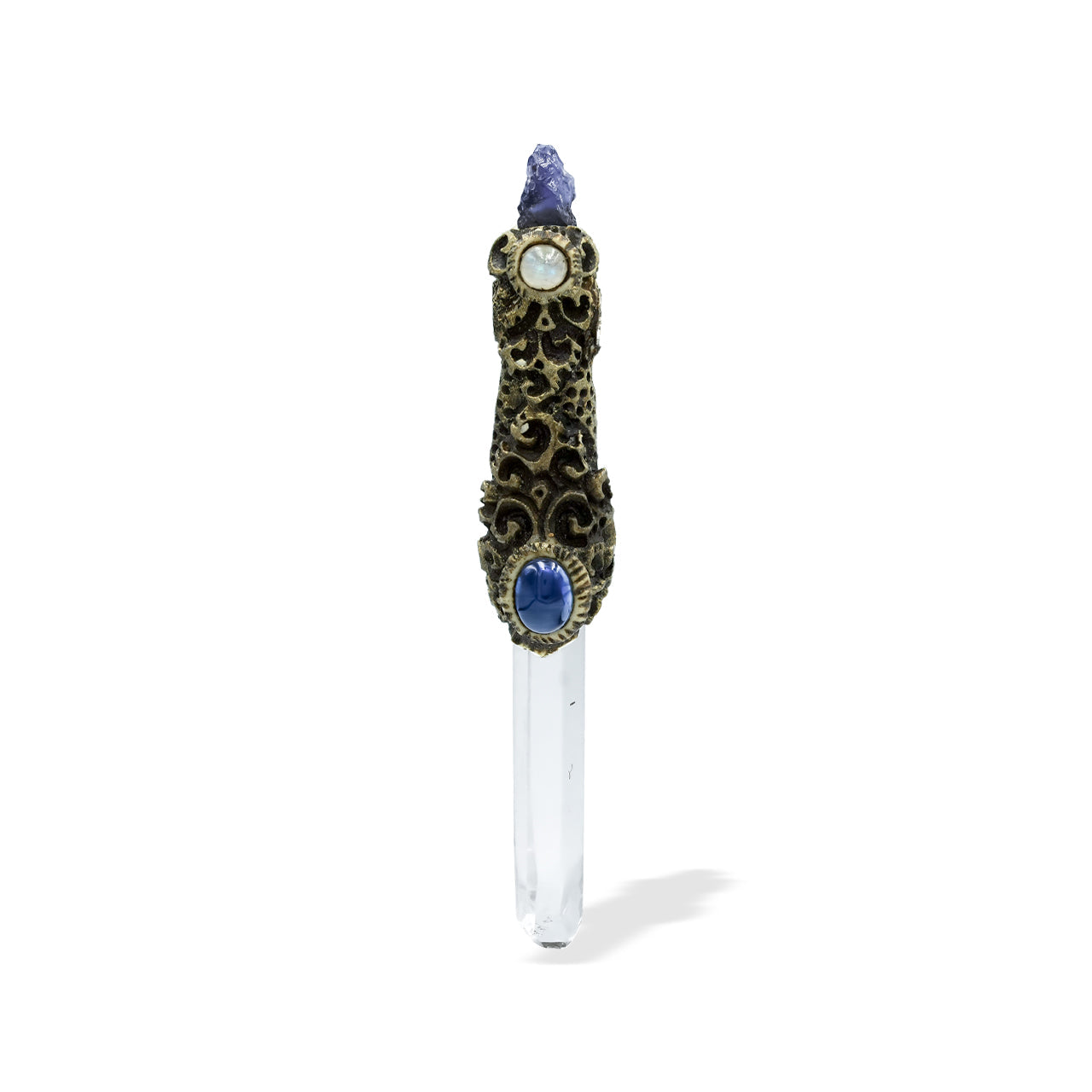 Starborn Quartz Crystal Wand Pendant with Iolite, Kyanite and Rainbow Moonstone