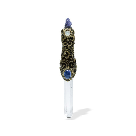 Starborn Quartz Crystal Wand Pendant with Iolite, Kyanite and Rainbow Moonstone