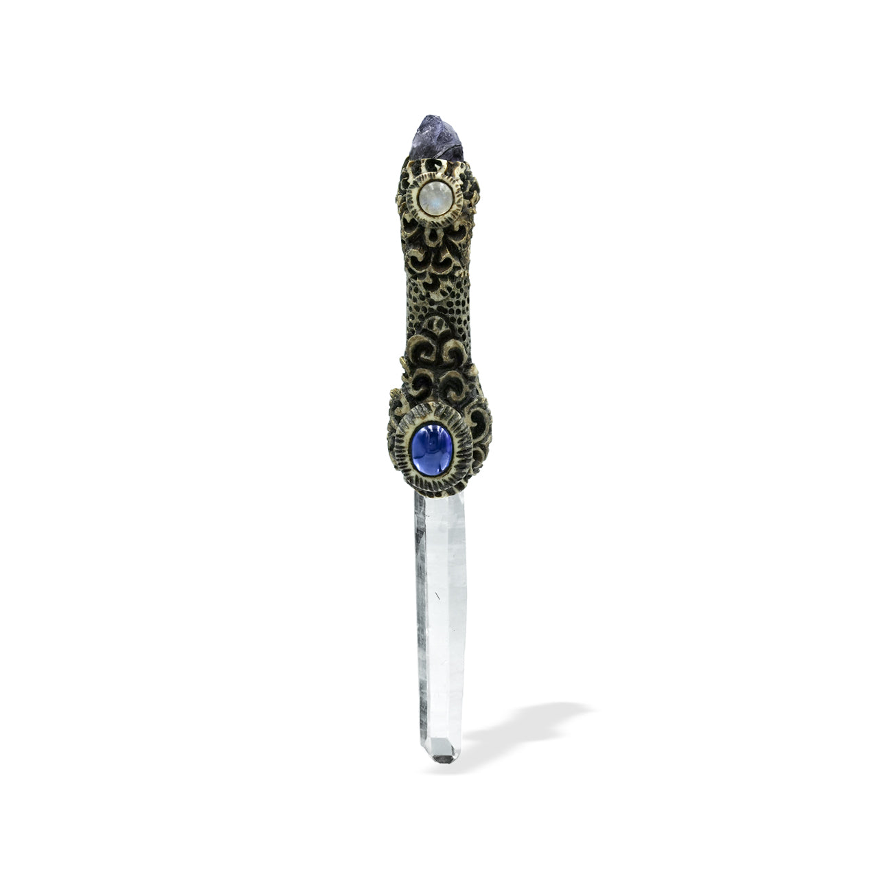 Starborn Quartz Crystal Wand Pendant with Iolite, Kyanite and Rainbow Moonstone