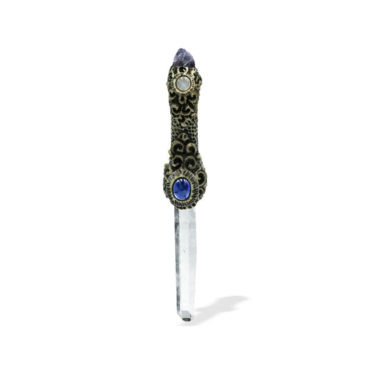 Starborn Quartz Crystal Wand Pendant with Iolite, Kyanite and Rainbow Moonstone