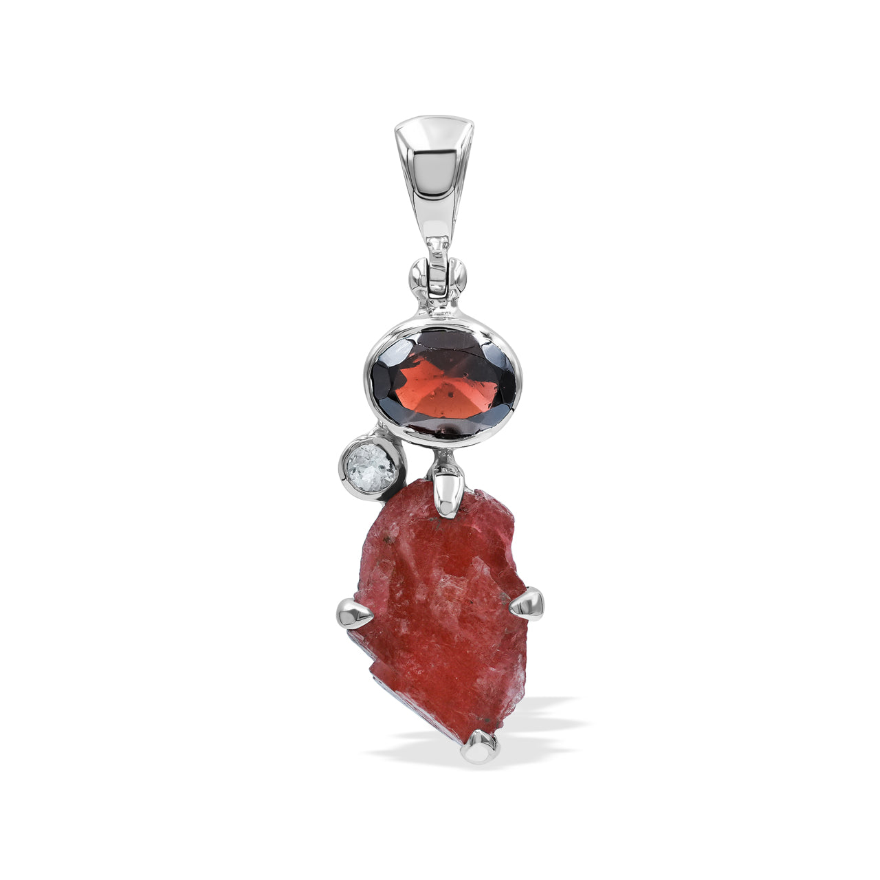 Starborn Garnet, Rhodonite, and White Topaz Pendant in Sterling Silver