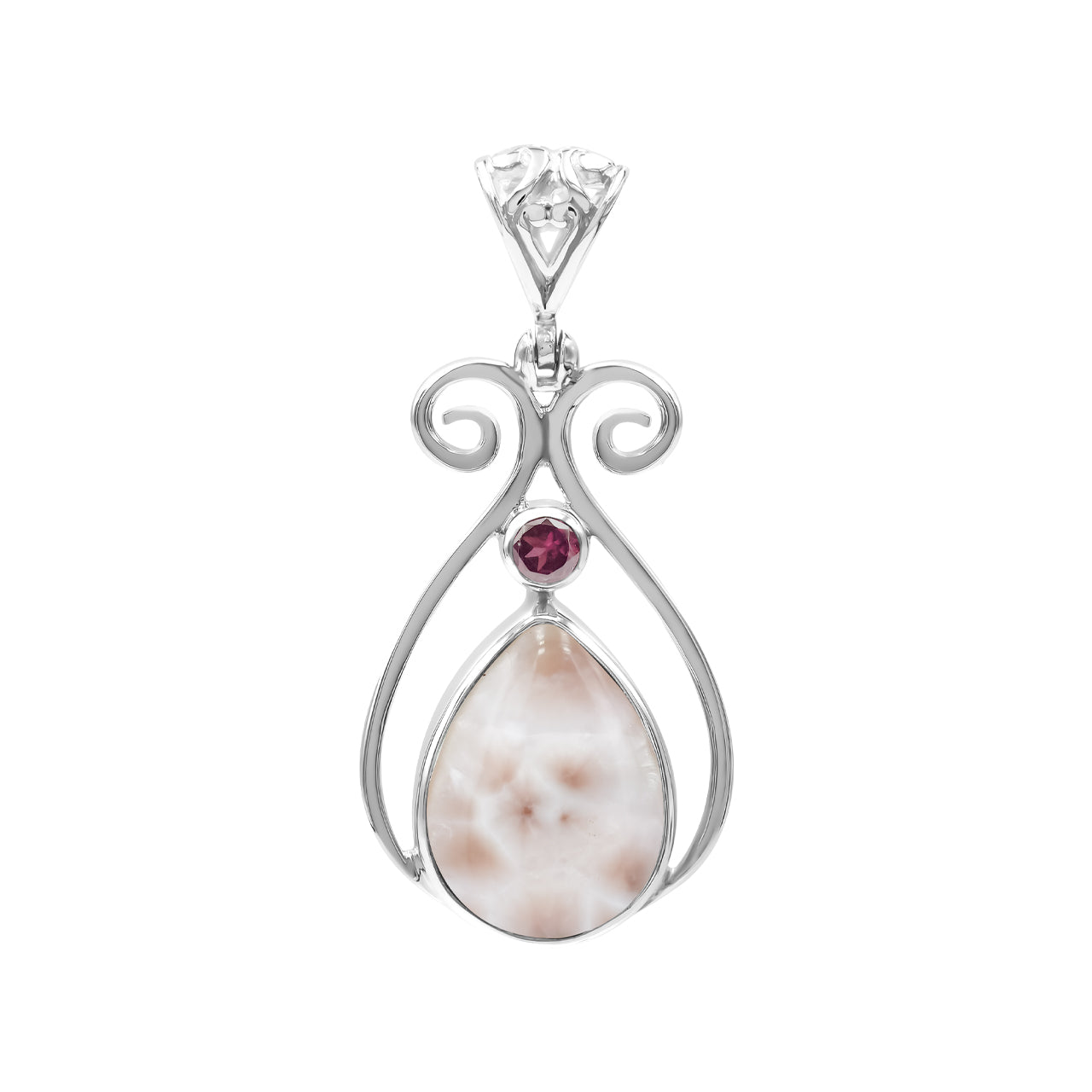 Starborn Pink Natrolite and Tourmaline Scrollwork Pendant in Fine Sterling Silver