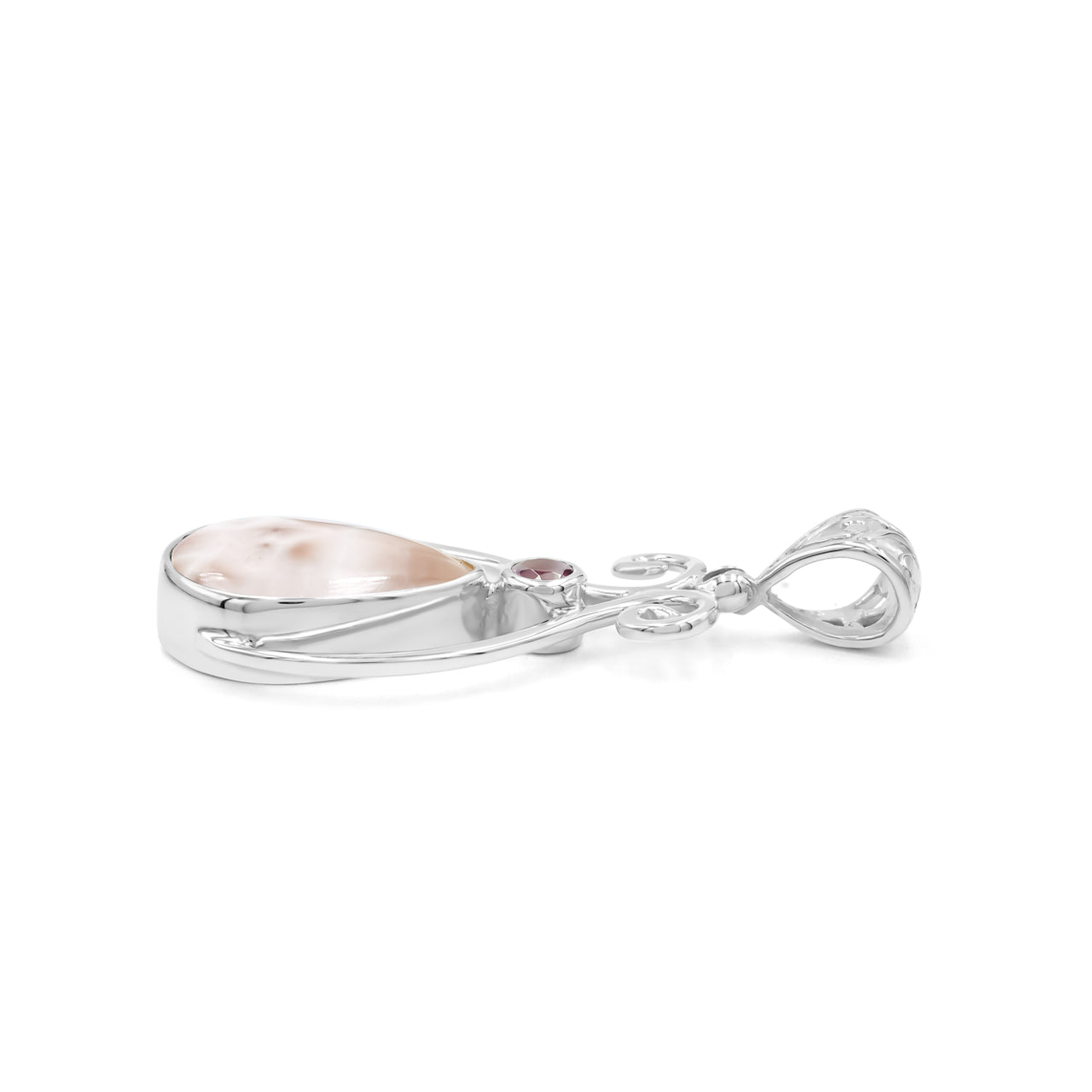 Starborn Pink Natrolite and Tourmaline Scrollwork Pendant in Fine Sterling Silver