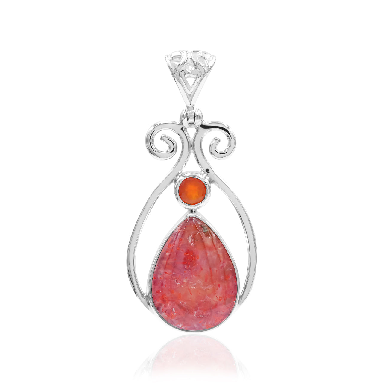 Starborn Magma Chalcedony with Faceted Carnelian Scrollwork Pendant in Sterling Silver